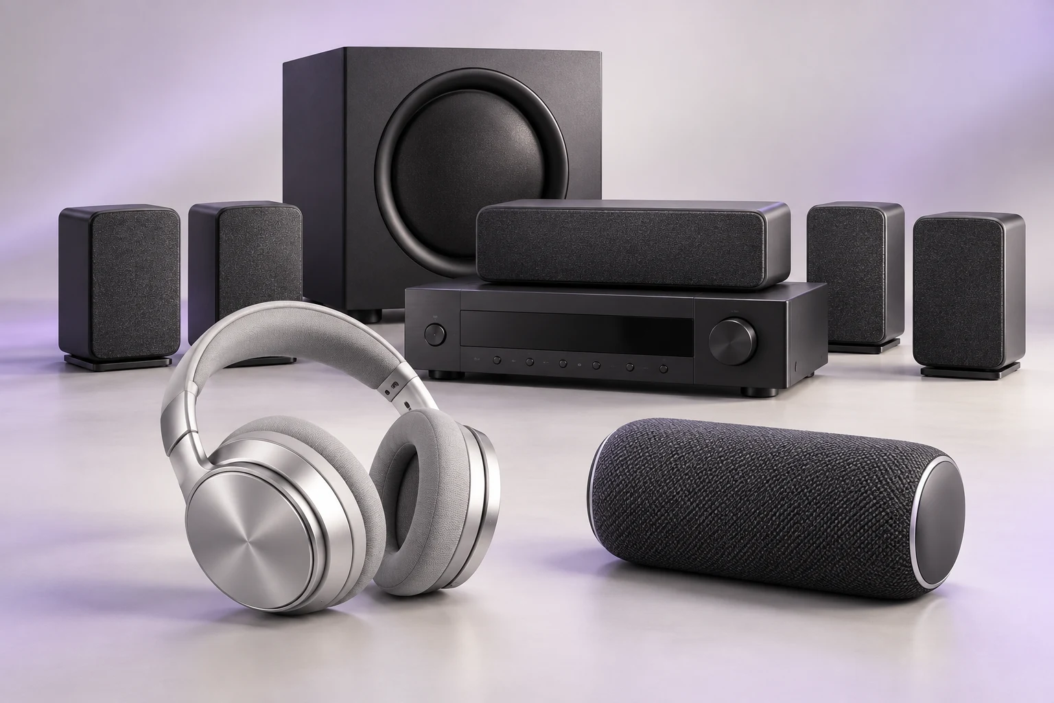 Fone de ouvido, caixa de som portátil e conjunto de home theater sobre fundo claro, imagem ilustrativa