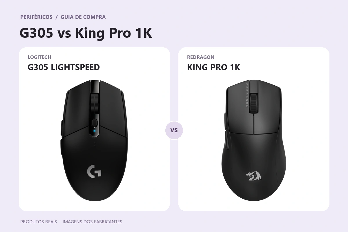 Imagens oficiais dos produtos reais: Logitech G305 preto à esquerda e Redragon King Pro 1K preto à direita, lado a lado