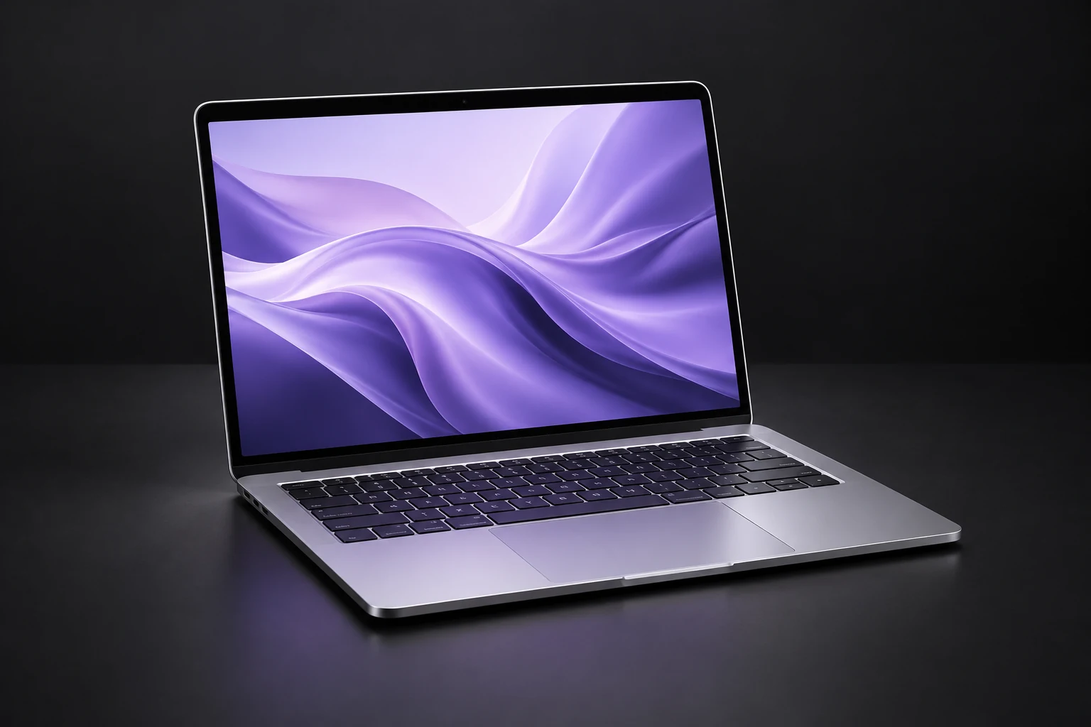 Um único notebook prateado aberto com tela em tons de lavanda sobre fundo escuro, imagem ilustrativa