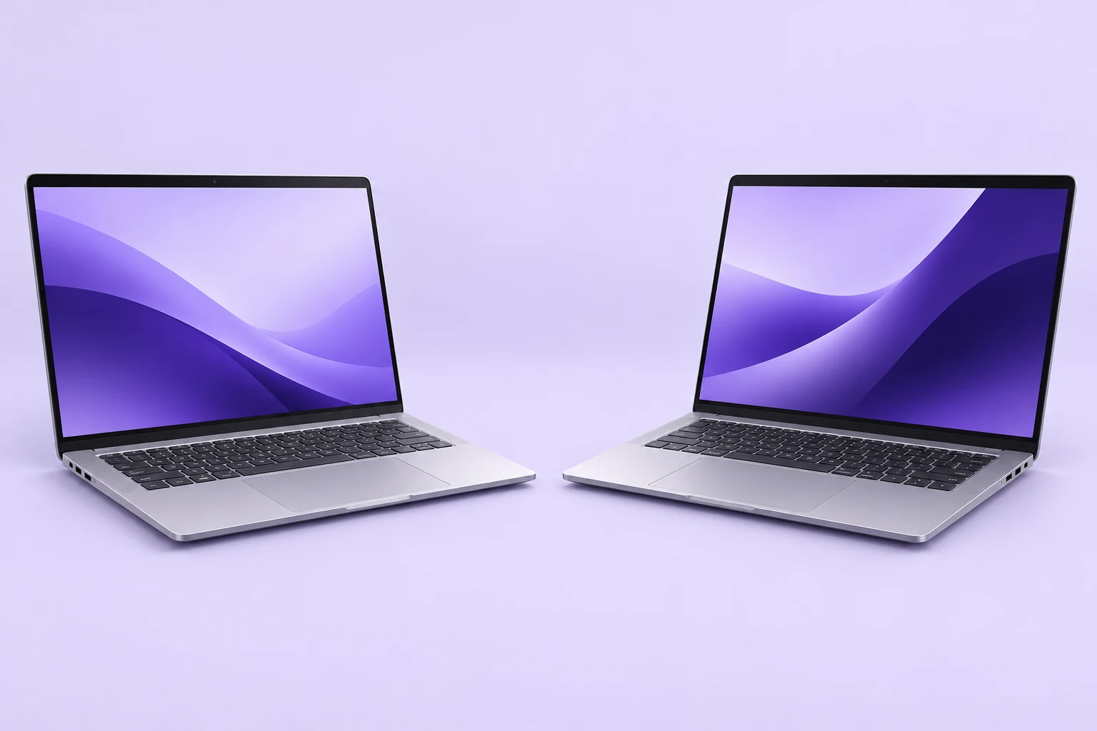 Dois notebooks prateados abertos com telas em lavanda, em composição ilustrativa de comparação