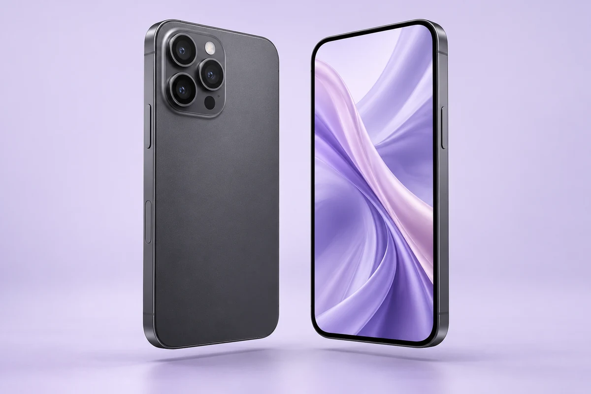 Smartphone grafite com tela em tons de lavanda, imagem ilustrativa