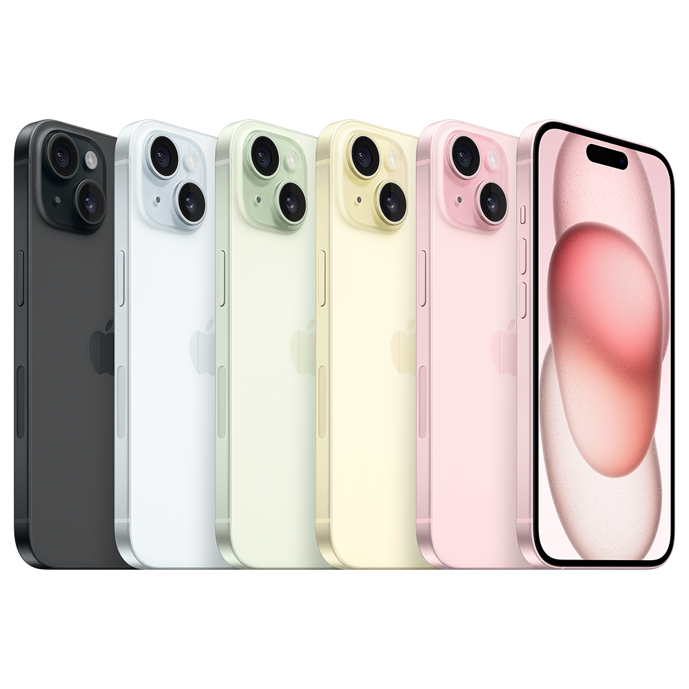 Apple iPhone 15 normal em preto, azul, verde, amarelo e rosa, em foto oficial do fabricante