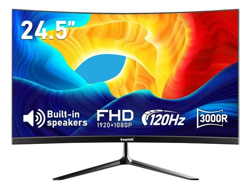 Monitor Gawfolk preto de 24,5 polegadas com tela curva e base, em foto do anúncio no Mercado Livre