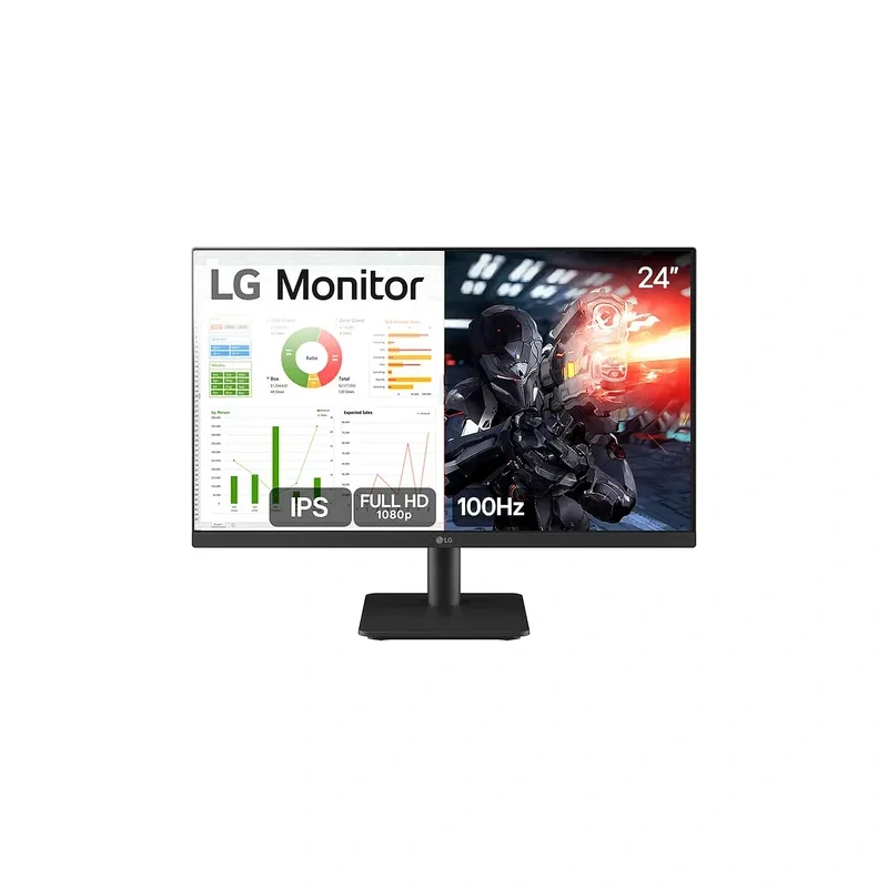LG 24MS500-B preto visto de frente com base, em foto real do anúncio indicado