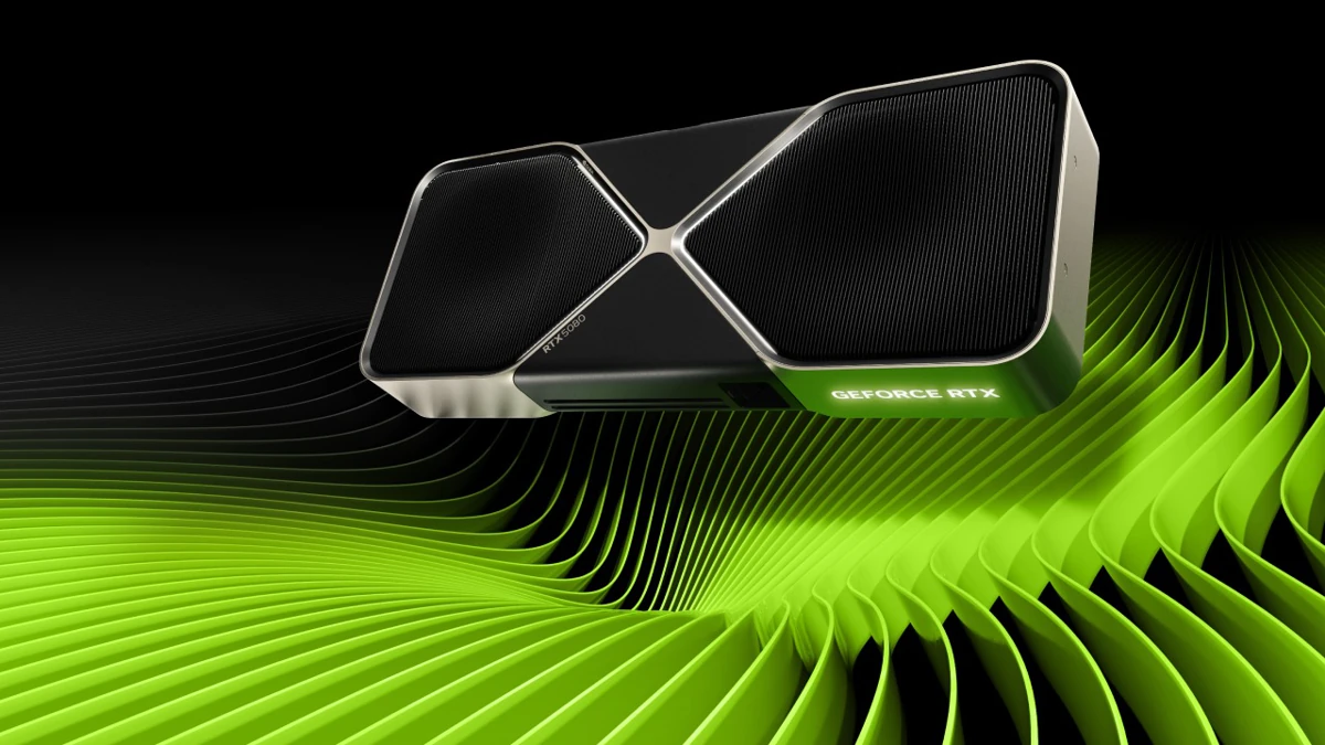 GeForce RTX 5080 Founders Edition em imagem oficial de referência da NVIDIA; a versão do anúncio pode variar