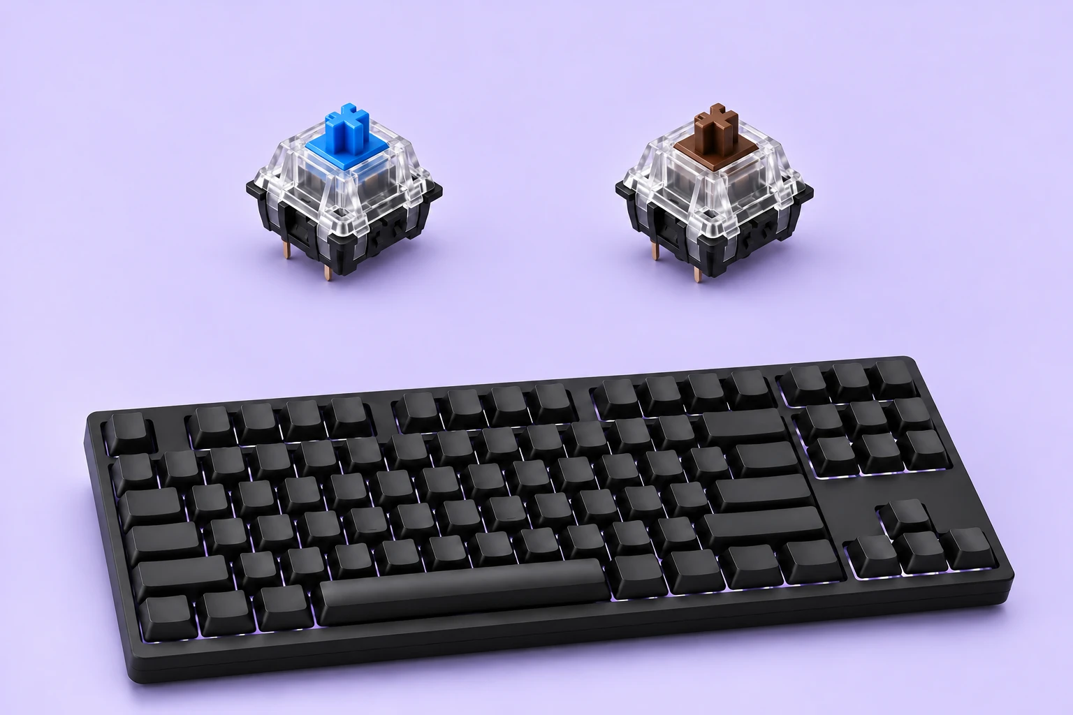 Switch mecânico azul à esquerda e marrom à direita, em destaque acima de um teclado preto com iluminação lavanda, imagem ilustrativa