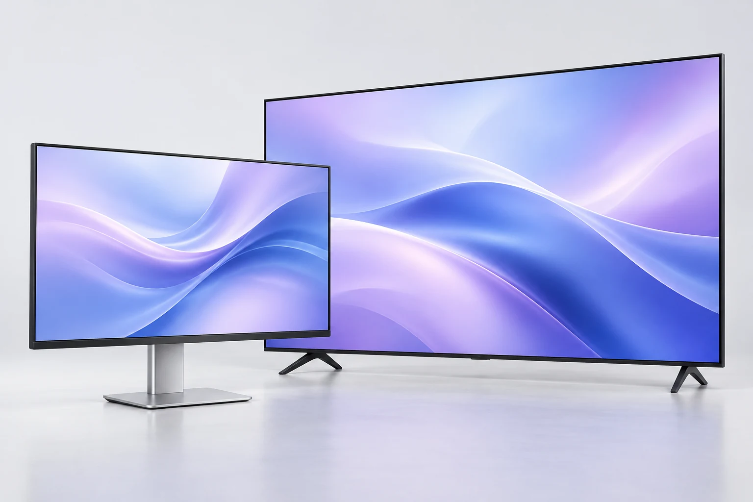 Monitor de computador e televisão com telas em tons de lavanda sobre fundo claro, imagem ilustrativa